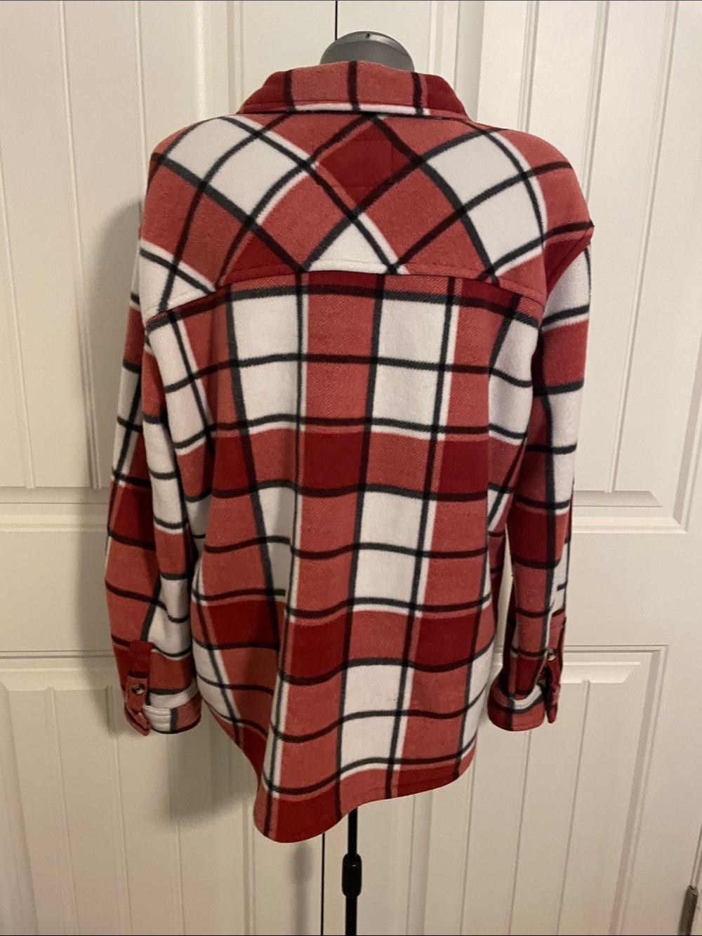 Plaid Button-Front Utility Shacket in Red - Picture 7 of 8